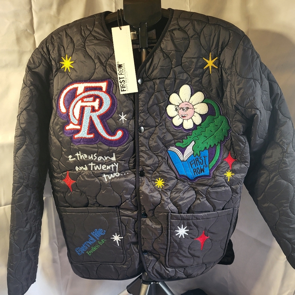 Quilted Jacket - Black with Colorful Embroidery, BY First Row